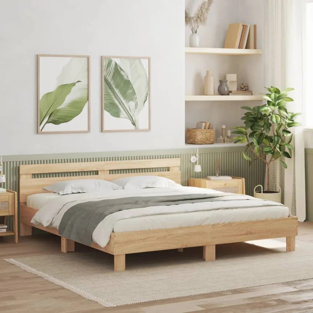 sonoma tölgy színű ágykeret fejtámlával és LED-del 200 x 200 cm