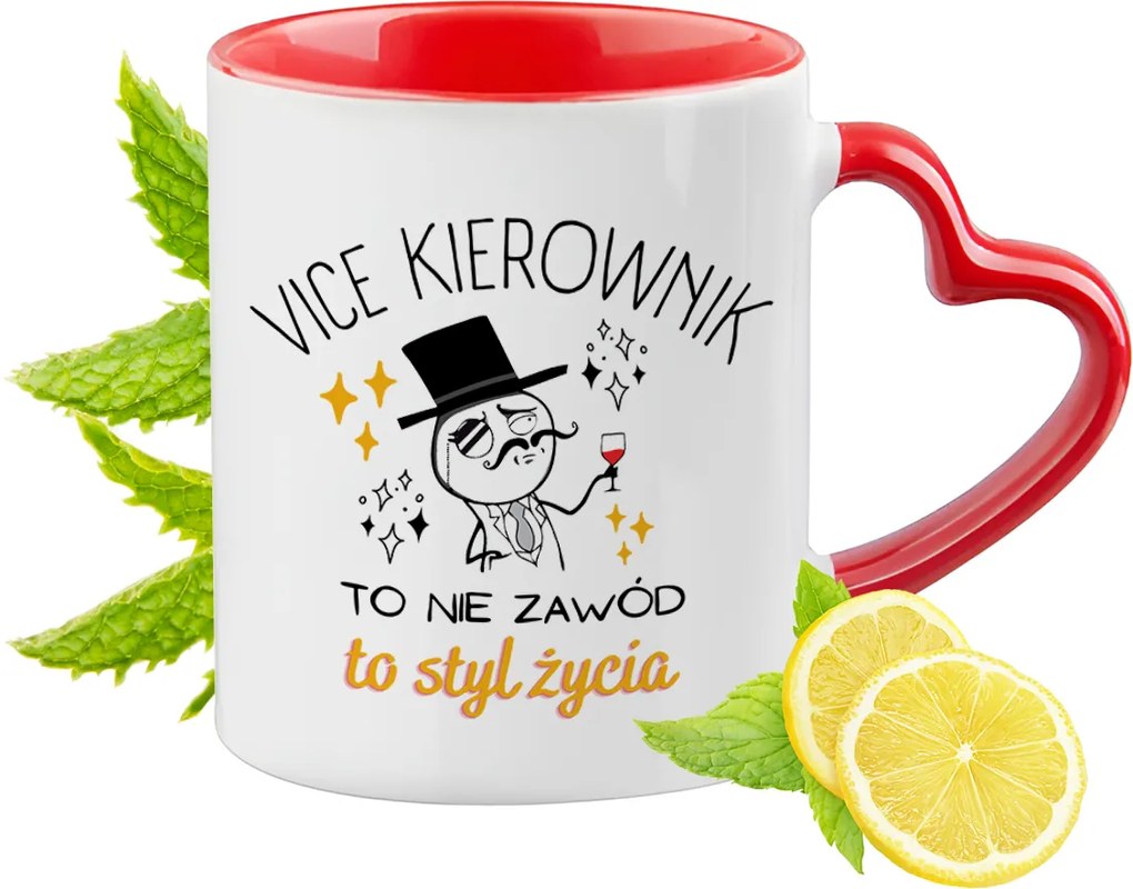 Piros bögre szív alakú füllel a titkárnőnek ajándékba