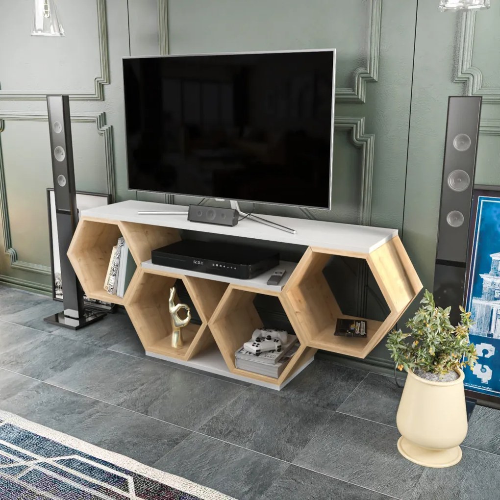 Bal TV-állvány, fehér-sonoma tölgy, 140 cm