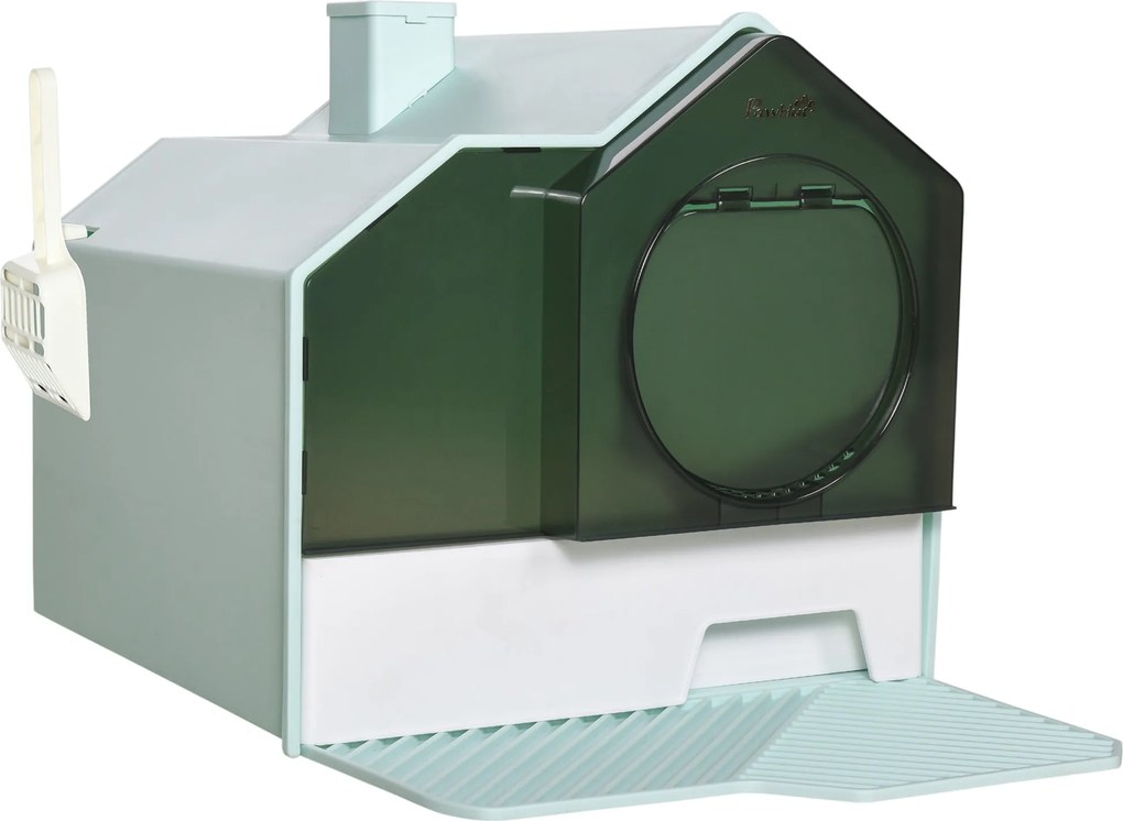 PawHut Macska Alomládája Alsó Tálcával, Lapáttal, Szűrővel, Fedett WC Macskák Számára 8 kg-ig, ABS, Műanyag, Világoskék 47 x 45 x 42 cm | Aosom