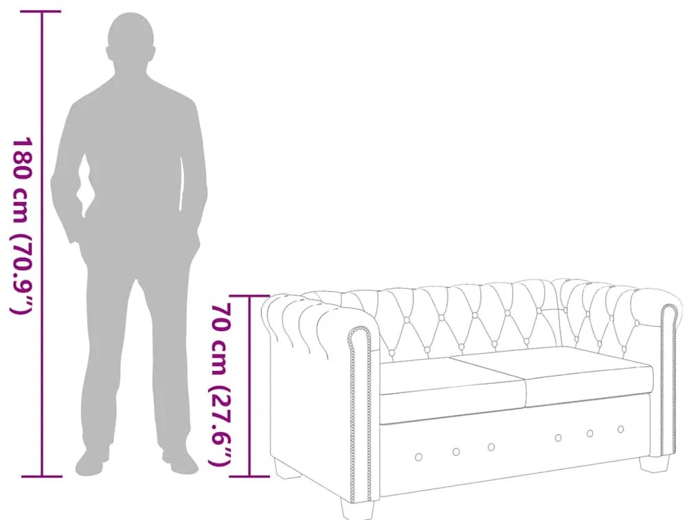 2 személyes fekete műbőr Chesterfield kanapé