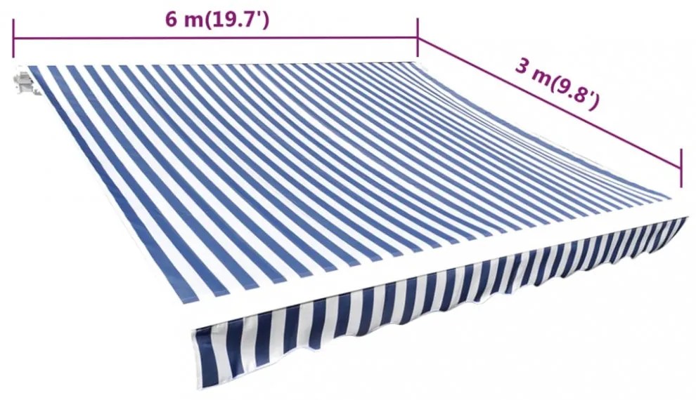 kék/fehér vászon napellenző tető 6 x 3 m (a váz nem tartozék)