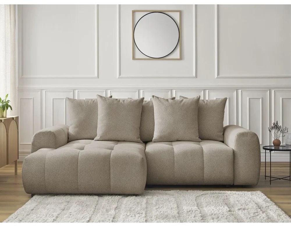 Bézs zsenília kinyitható-tárolóhelyes sarokkanapé (bal oldali-heverő résszel) Roxelane – Bobochic Paris