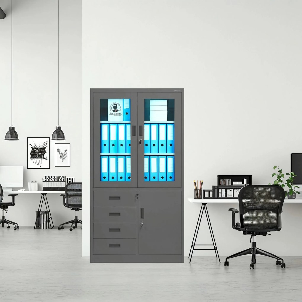 Üveges irodai iratszekrény 4 fiókkal, antracit színű, 900x1850x400 mm: WIOLA