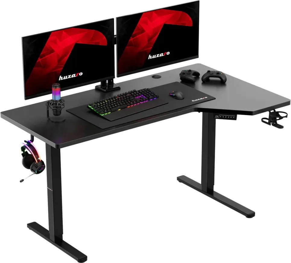 Elektromos állítható magasságú íróasztal, sarokasztal, memória és USB funkcióval, 145 cm x 60 cm, fekete
