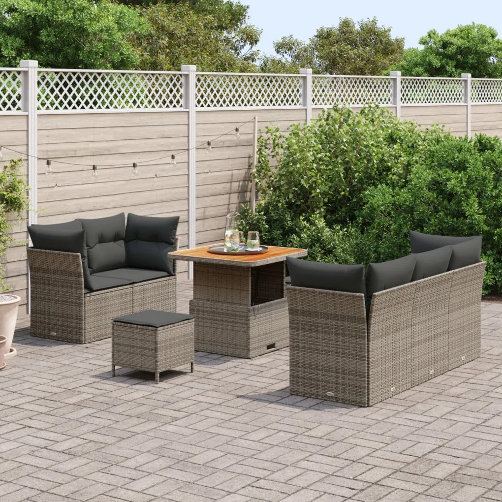 8 Részes Kerthelység Kanapé Szett Párnákkal Szürke Műrattan Acacia, 3 Részes Kerti Étkező Szett Párnákkal Szürke Műrattan Acacia
