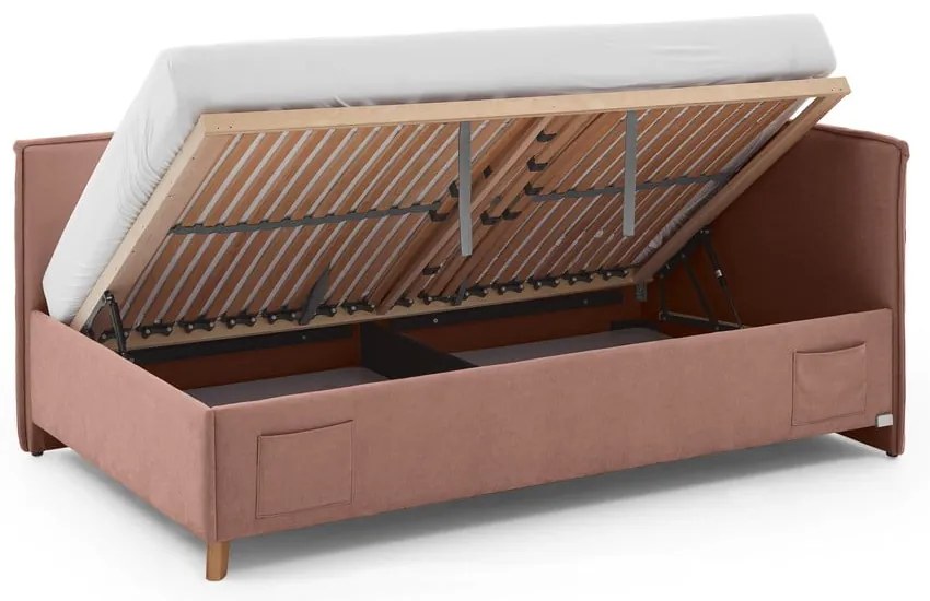 Rózsaszín kárpitozott ágyneműtartós sarok gyerekágy ágyráccsal 140x200 cm Fun – Meise Möbel