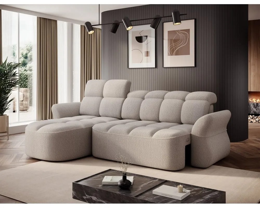 Bézs buklé kinyitható-tárolóhelyes sarokkanapé (bal oldali-heverő résszel) Beneth – ELTAP