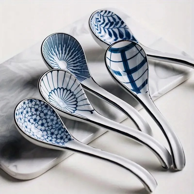 5 Db-os Kerámia Kanál Szett Kék Mintás Leveses Kanál Ramen Miso Pho