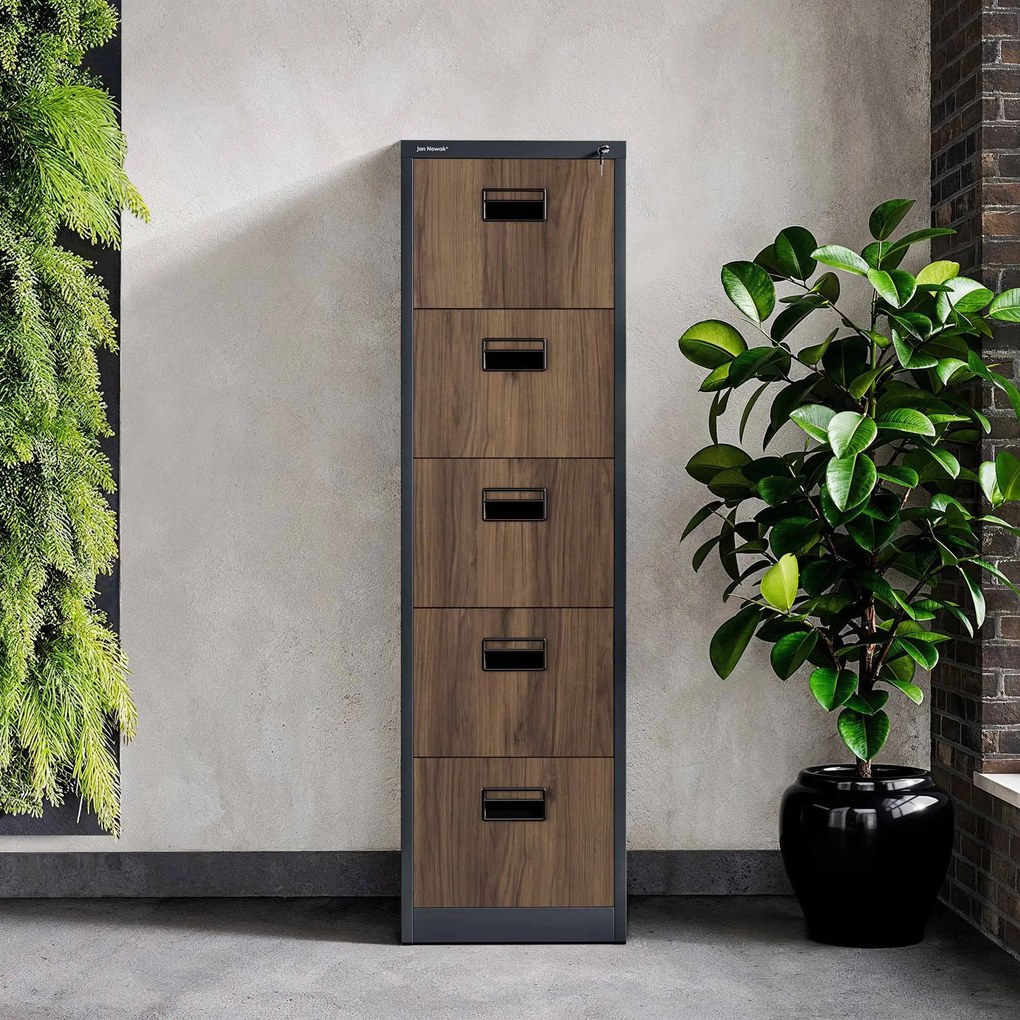 Fém irattartó szekrény, 5 fiókos SARA V5, 460 x 1630 x 620 mm, Eco Design: antracit/ dió