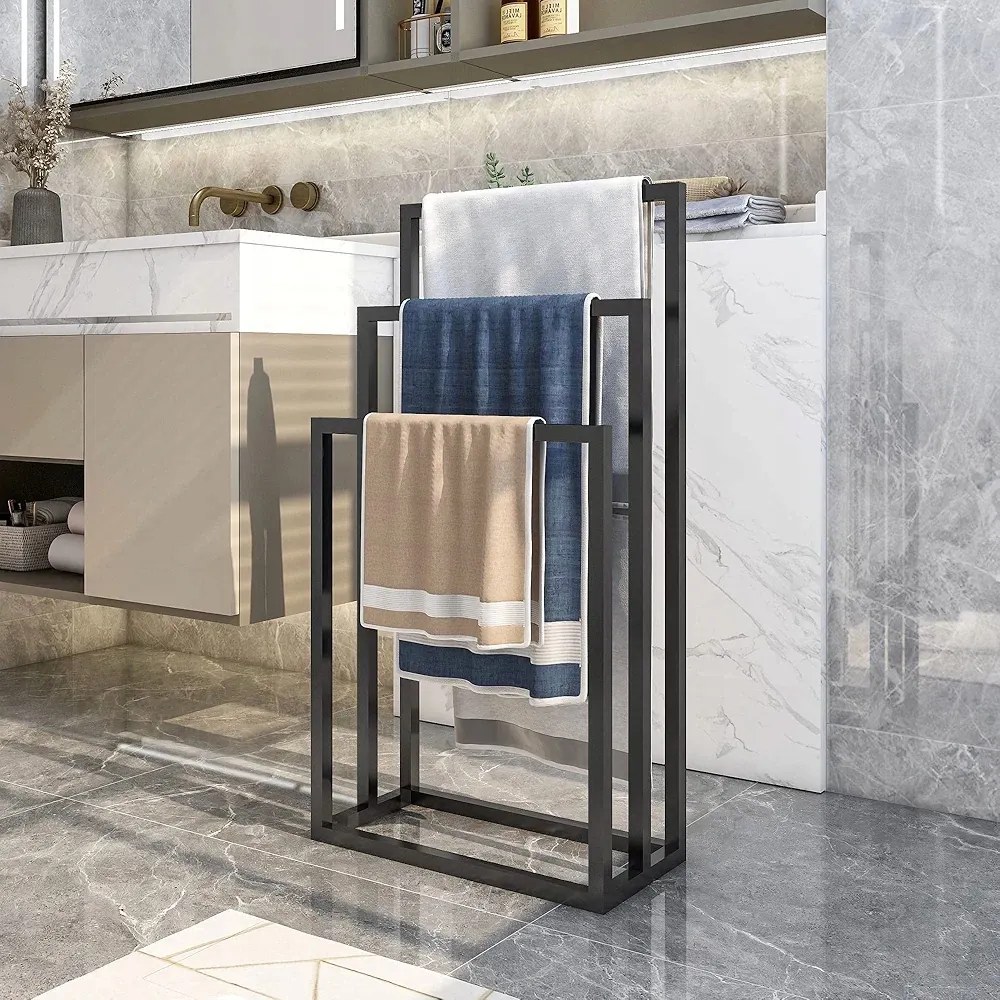 Szabadon álló törölközőtartó 3 rúddal, fekete, 86 x 45 x 22 cm-es