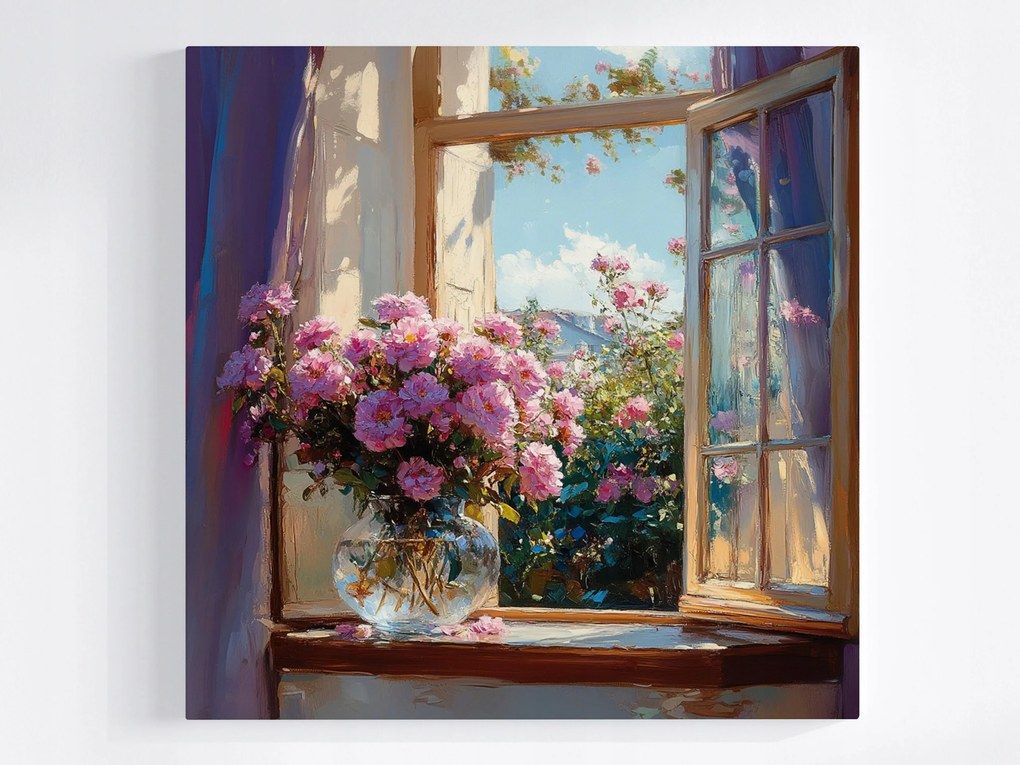 Vászonkép Canvas Ablak Kert Bokor Virágok Rózsa Csokor Váza 40x40