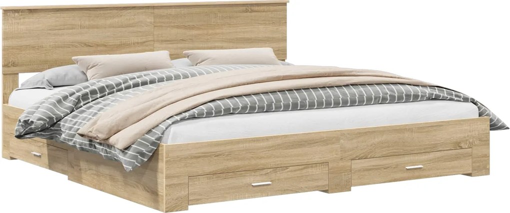 vidaXL Ágykeret fejtámlával fiókkal Sonoma tölgy 200 x 200 cm Faanyag