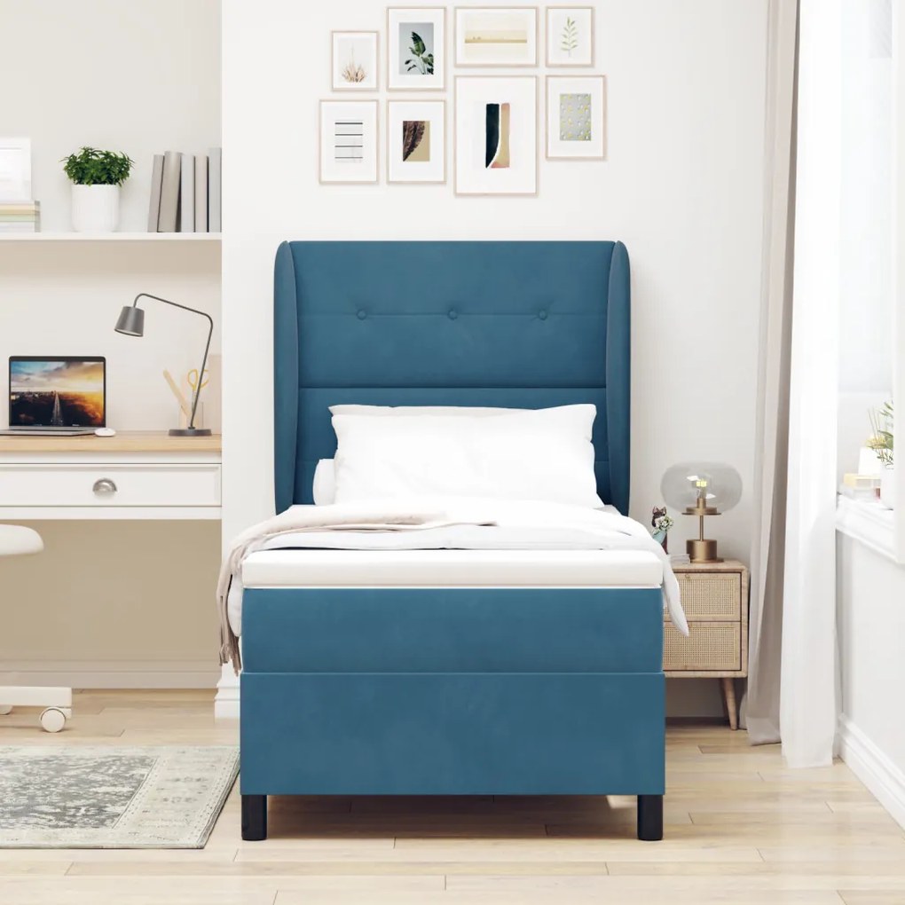 Box Spring Ágy Matraccal Sötétkék 100x200 cm Bársony