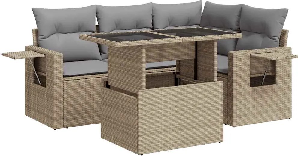 vidaXL 5 részes bézs polyrattan kerti ülőgarnitúra párnákkal