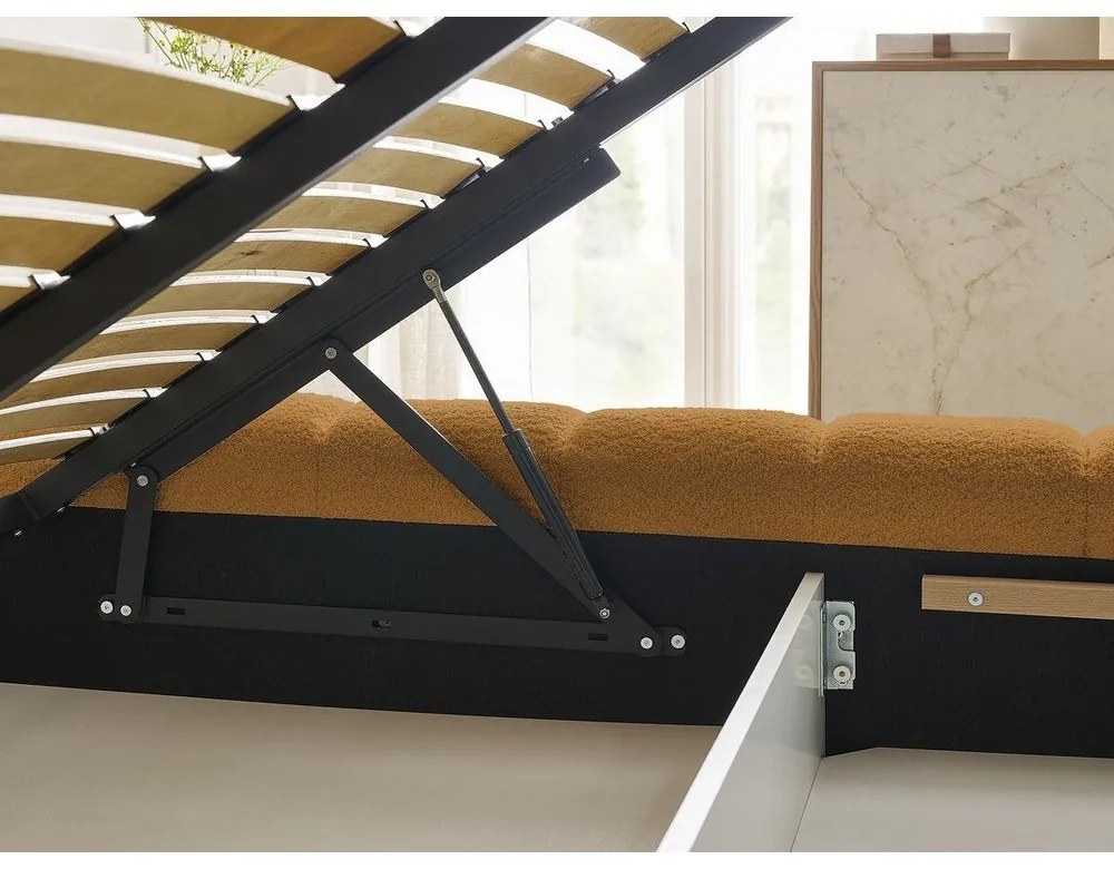 Mustársárga kárpitozott ágyneműtartós franciaágy ágyráccsal 160x200 cm Mont Blanc – Bobochic Paris