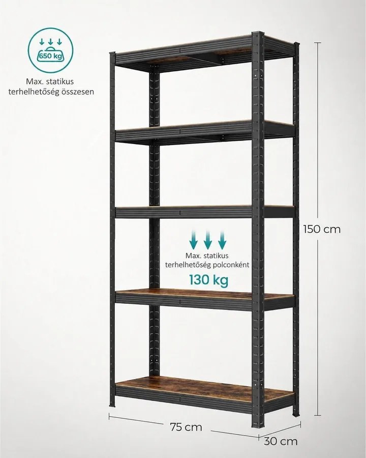 Nagy teherbírású tárolópolc, 5 állítható polccal, 650 kg teherbírás, 75 x 30 x 150 cm, rusztikus barna/fekete