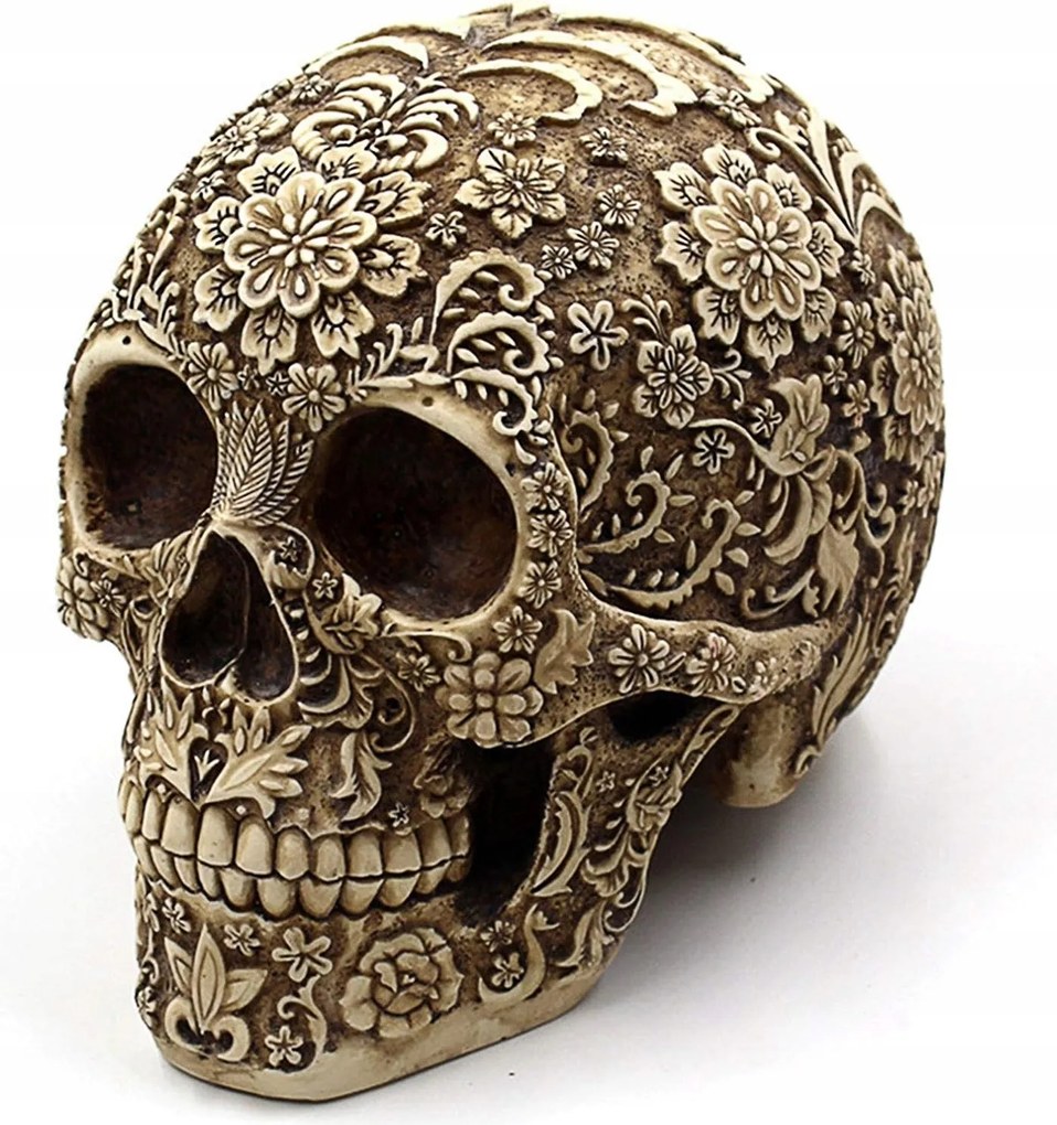 Koponya Szobor Díszített Nagy Virágokkal Gótikus Halloween Dekoráció 15,5CM