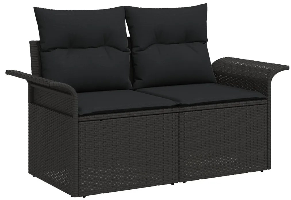 8 darabos kert kanapészett párnákkal fekete poli rattan akáciából, 2 személyes kert kanapé párnákkal fekete poli rattan, 3 darabos kert étkező szett párnákkal fekete poli rattan akáciából