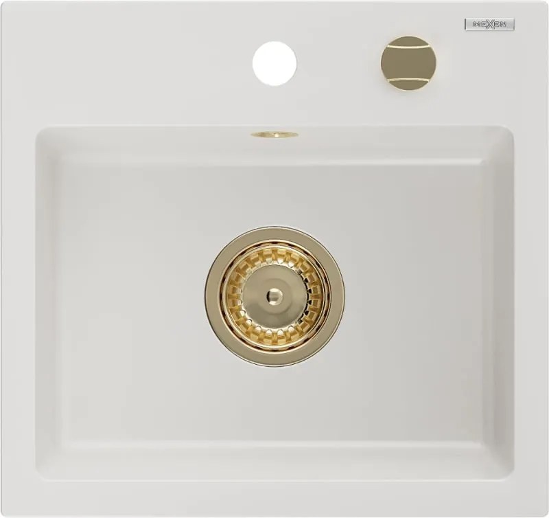 Mexen Milo gránit egytálcás mosogató 435 x 410 mm, fehér, arany szifonnal - 6505441000-20-G