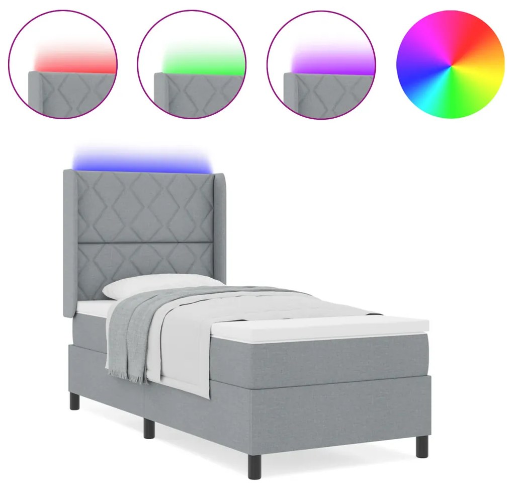 Boxspring Ágy Matrac és LED Fénnyel Világosszürke 90x200 cm Szövet