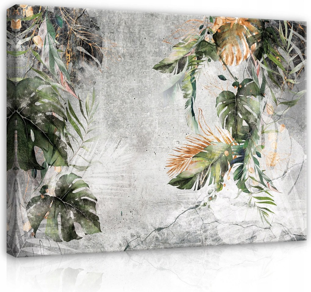 Vászonkép 80x60 Trópusi levelek beton arany monstera pálma botanika