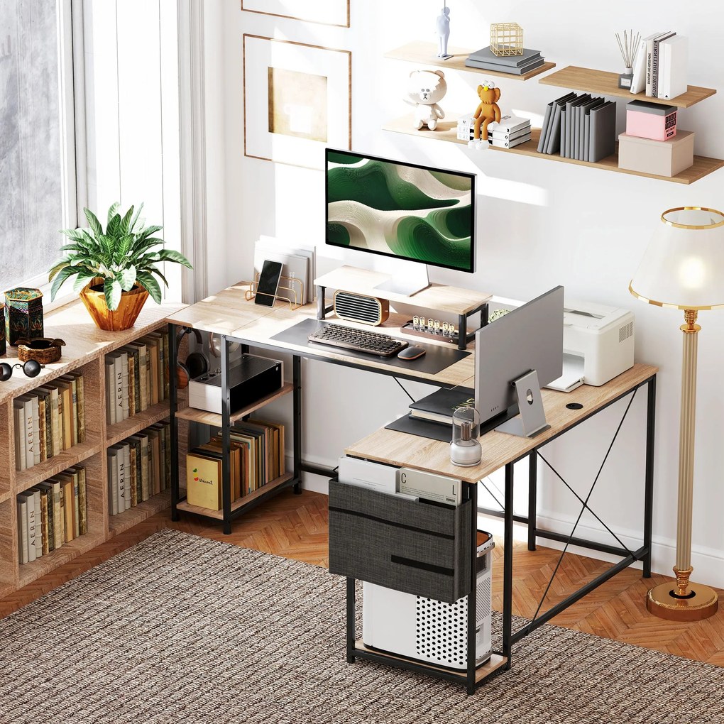 HOMCOM Fordítható Moduláris Sarokasztal, Ipari Stílus 168-240 cm - Állítható Polc, Tárolótáska, Képernyőállvány, Számítógép Íróasztal 2 Személy Részér