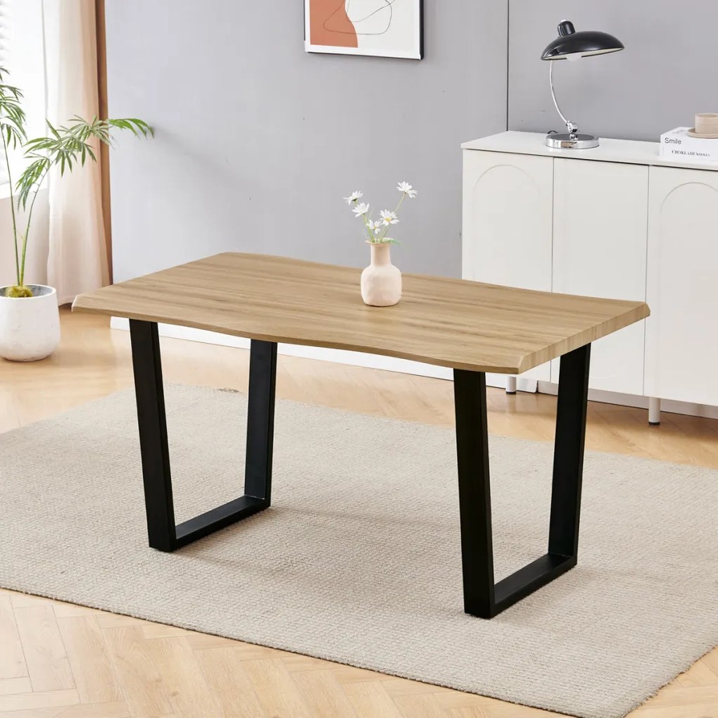 Masă de sufragerie, 140x80x75 cm, blat MDF, decor stejar salbatic, picioare metalice in forma de U
