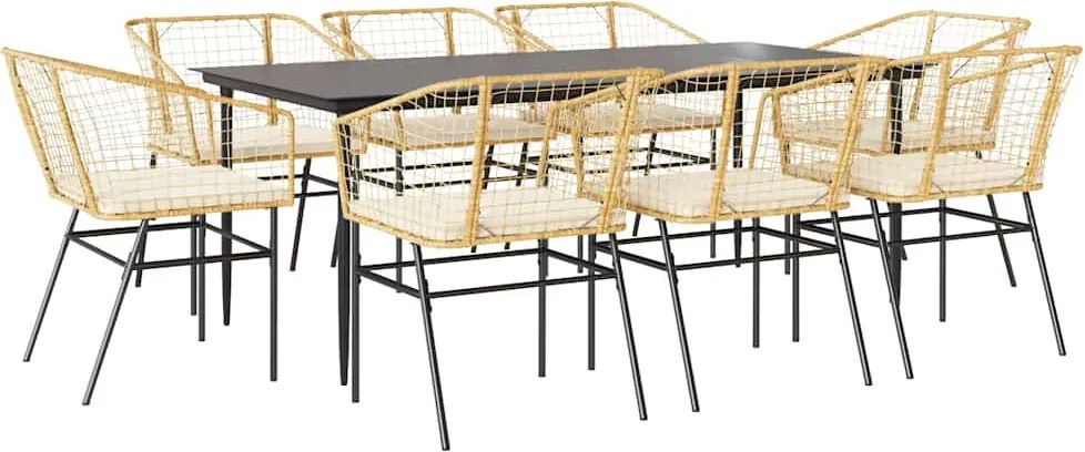 vidaXL 9 észes barna polyrattan üveg kerti étkezőgarnitúra párnával