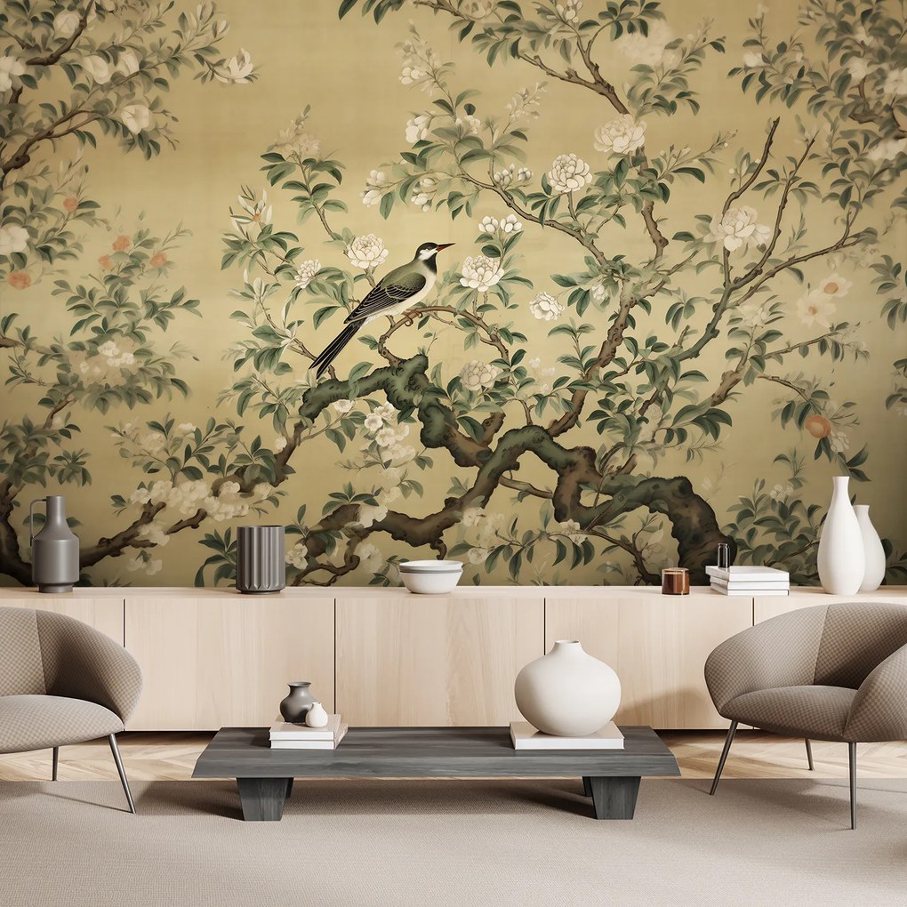 Gario Fotótapéta Madár a fán virágokkal Anyag: Vlies, Méret: 250 x 175 cm