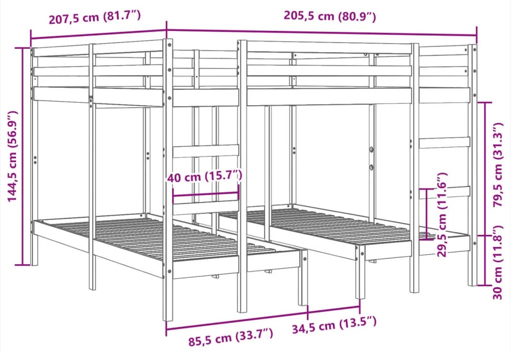 tömör fenyőfa tripla emeletes ágykeret 200x200/80x200 cm