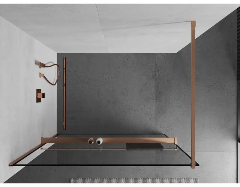 Mexen Kioto+, Walk-In zuhany paraván polccal és akasztóval 90 x 200 cm, 8 mm átlátszó üveg fekete mintás, réz matt profil, 800-090-121-65-70