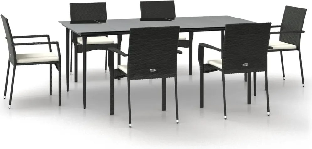 vidaXL 7 részes fekete polyrattan kerti étkezőgarnitúra párnával