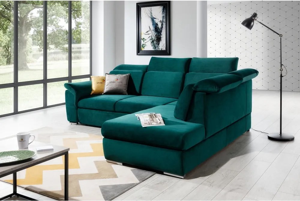 Zöld bársony kinyitható-tárolóhelyes sarokkanapé (jobb oldali-L alakú) Loreto – ELTAP