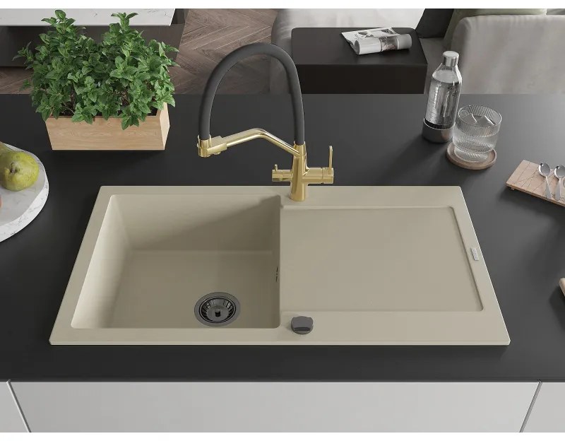 Mexen Leo, 1 kamrás gránit mosogató 900x500x190 mm és Duo mosogató csaptelep, bézs, 6501-69-671701-57-B