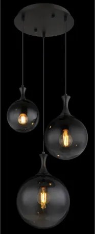Globo 15885-3H Függeszték fém fekete matt, füstszínű üveg búra, fekete PVC kábel, magassága lerövidíthető, ø: 390mm, M: 1415mm, a búrák méretei: 1 x 15 cm, 20 cm, 25 cm, 3x E27 LED 10W 230V izzók nélkül