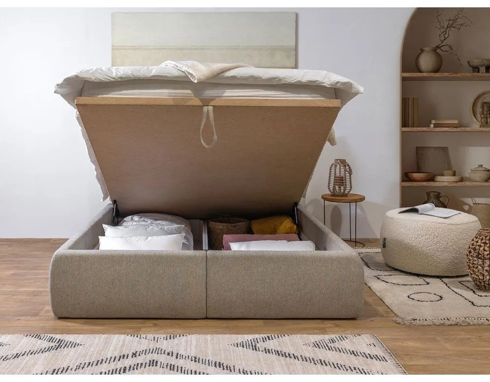 Bézs kárpitozott ágyneműtartós franciaágy ágyráccsal 160x200 cm Garance – Bobochic Paris