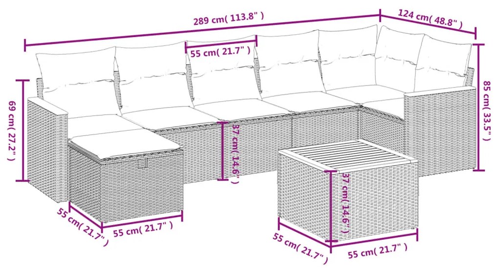 8 részes fekete polyrattan kerti ülőgarnitúra párnákkal