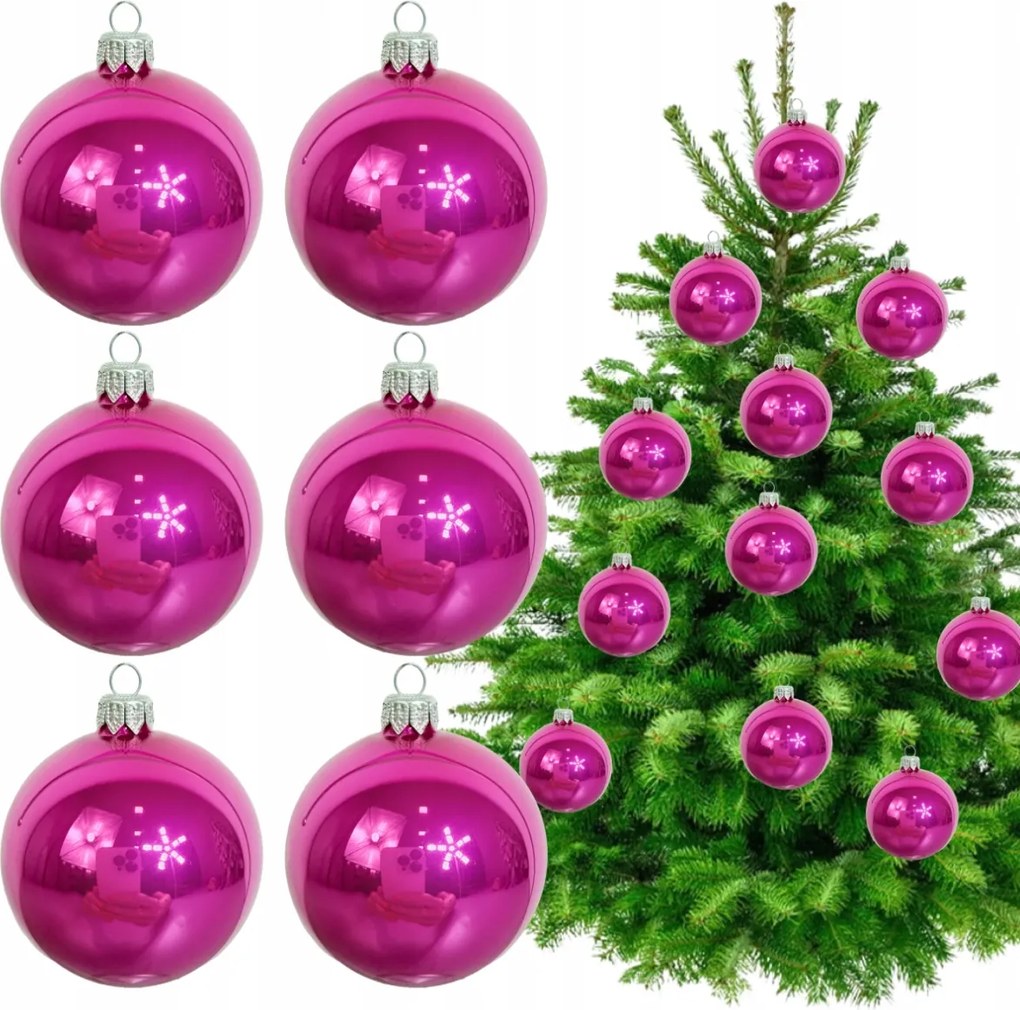 6 db-os Lengyel Fukszia Üveg Karácsonyfadísz szett Rózsaszín Buborékok 8 cm