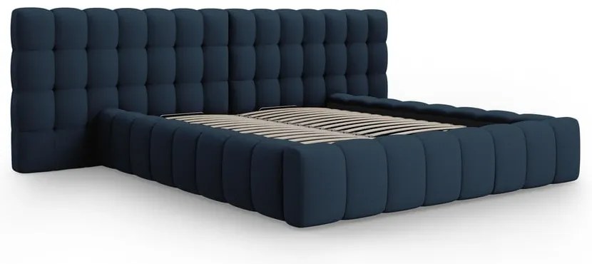 Sötétkék kárpitozott ágyneműtartós franciaágy ágyráccsal 180x200 cm Mamaia – Micadoni Home