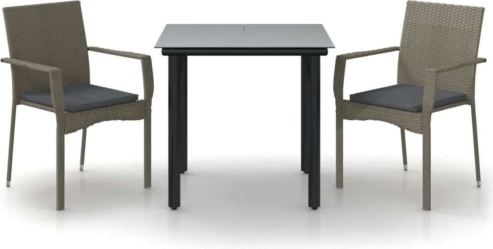 vidaXL 3 részes fekete és szürke polyrattan kerti étkezőszett párnával