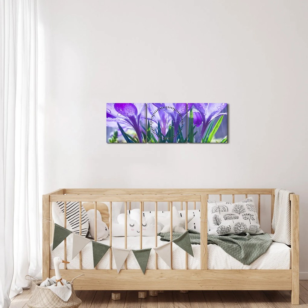 Virágok az esőben képe (órával) (90x30 cm)