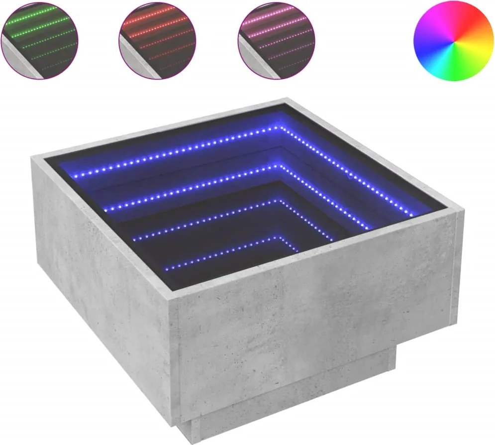 vidaXL betonszürke szerelt fa dohányzóasztal LED-del 50 x 50 x 30 cm