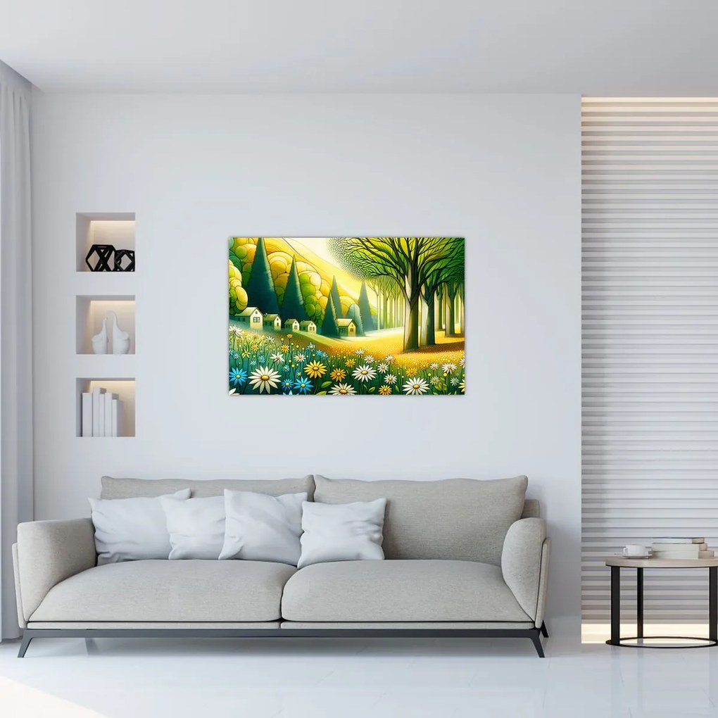 Kép - Falu sárga-zöld színekben (90x60 cm)
