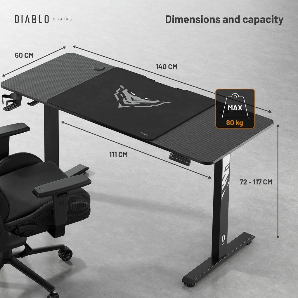 Elektromosan magasságban állítható íróasztal 140 cm fekete: Diablo X-Tensio 1400