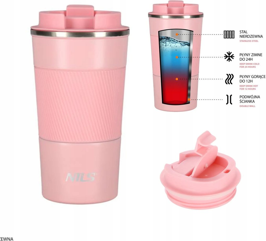 Thermo rózsaszín bögre acél gumi kényelmes fogás 510ml Nils