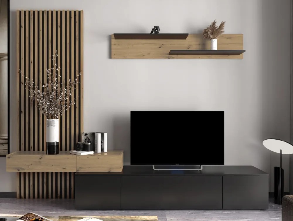 Nappali fal, fekete/artisan tölgy, REBEKA PLUS