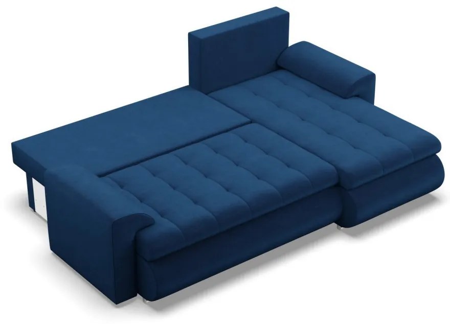 Tokio sarokkanapé, 2 ágyneműtartóval, bársony, jobboldali, kék