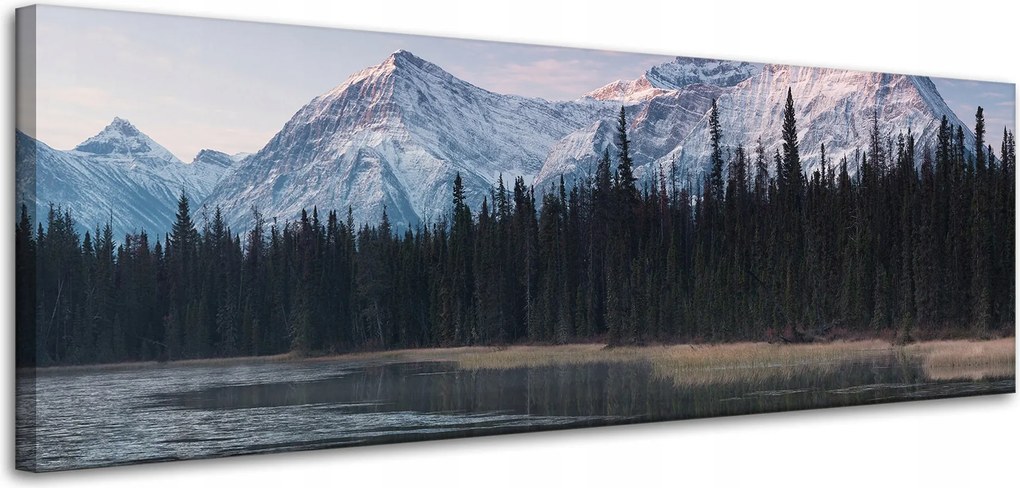 Vászonkép Tópart Víz Erdők Hó hegyek 120x40 cm