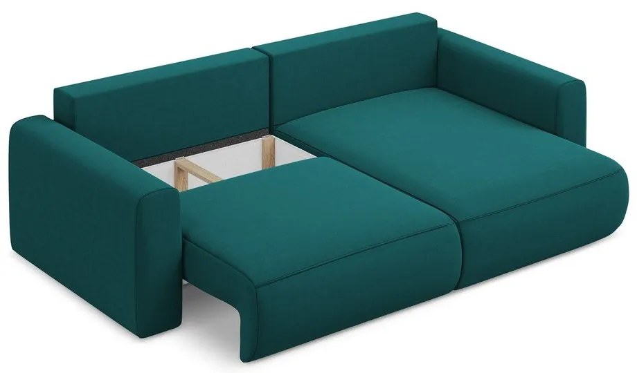 Türkiz bársony kinyitható-tárolóhelyes sarokkanapé (jobb oldali-heverő résszel) Kapua – Makamii